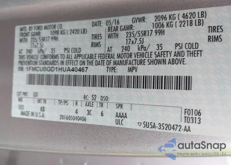 2017 Ford Escape Se from USA, damaged, VIN 1FMCU0GD1HUA40467